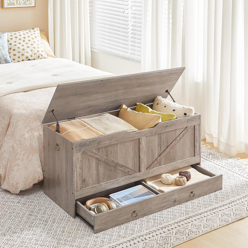 HOOBRO Storage Chest, 43.3' Toy Chest with Drawer, Wooden Storage Bench, Sturdy Entryway Bench Supports 220 lb, Shoe Bench, Safety Hinge, U-Shaped Opening, Easy Assembly, Greige BG711CW01G1