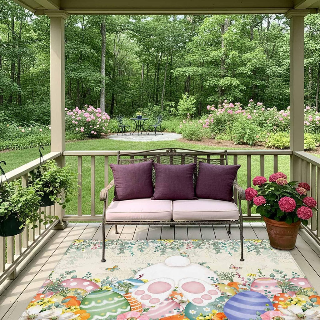 Cute Easter Bunny Outdoor Rug for Patio/Deck/Porch, Non-Slip Large Area Rug 6 x 9 Ft, Eucalyptus Leaves Colorful Eggs Beige Indoor Outdoor Rugs Washable Area Rugs, Reversible Camping Rug Carpet Runner