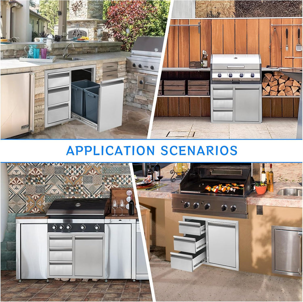 Outdoor Kitchen Drawer Combo, Stainless Steel Triple Drawer Cabinet with Built-in Trash Bin Drawer & Two Trash Cans, 28' W x 22' H x 19.5' D Outdoor Kitchen Storage for BBQ Grill Islands