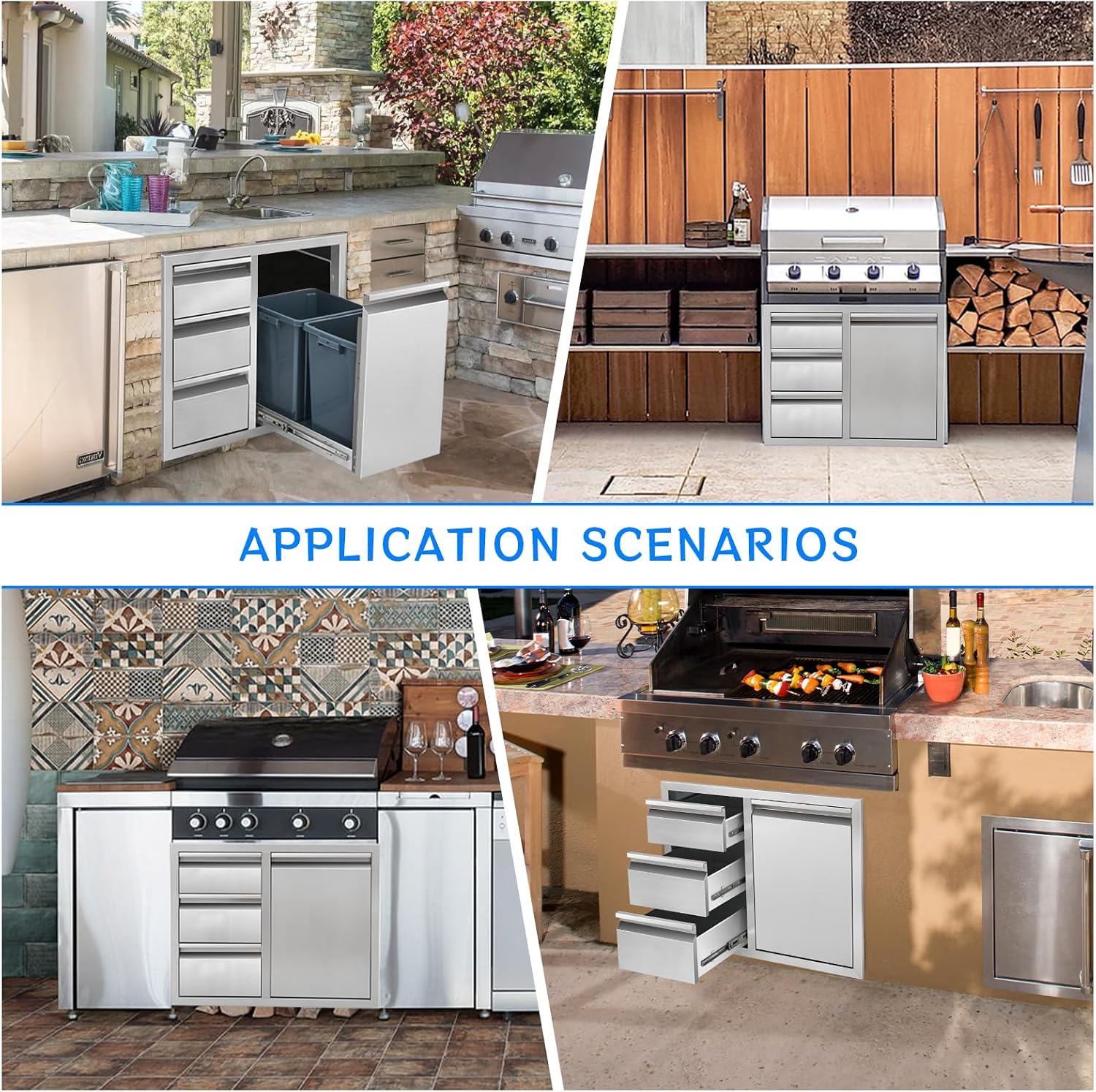 Outdoor Kitchen Drawer Combo, Stainless Steel Triple Drawer Cabinet with Built-in Trash Bin Drawer & Two Trash Cans, 28' W x 22' H x 19.5' D Outdoor Kitchen Storage for BBQ Grill Islands