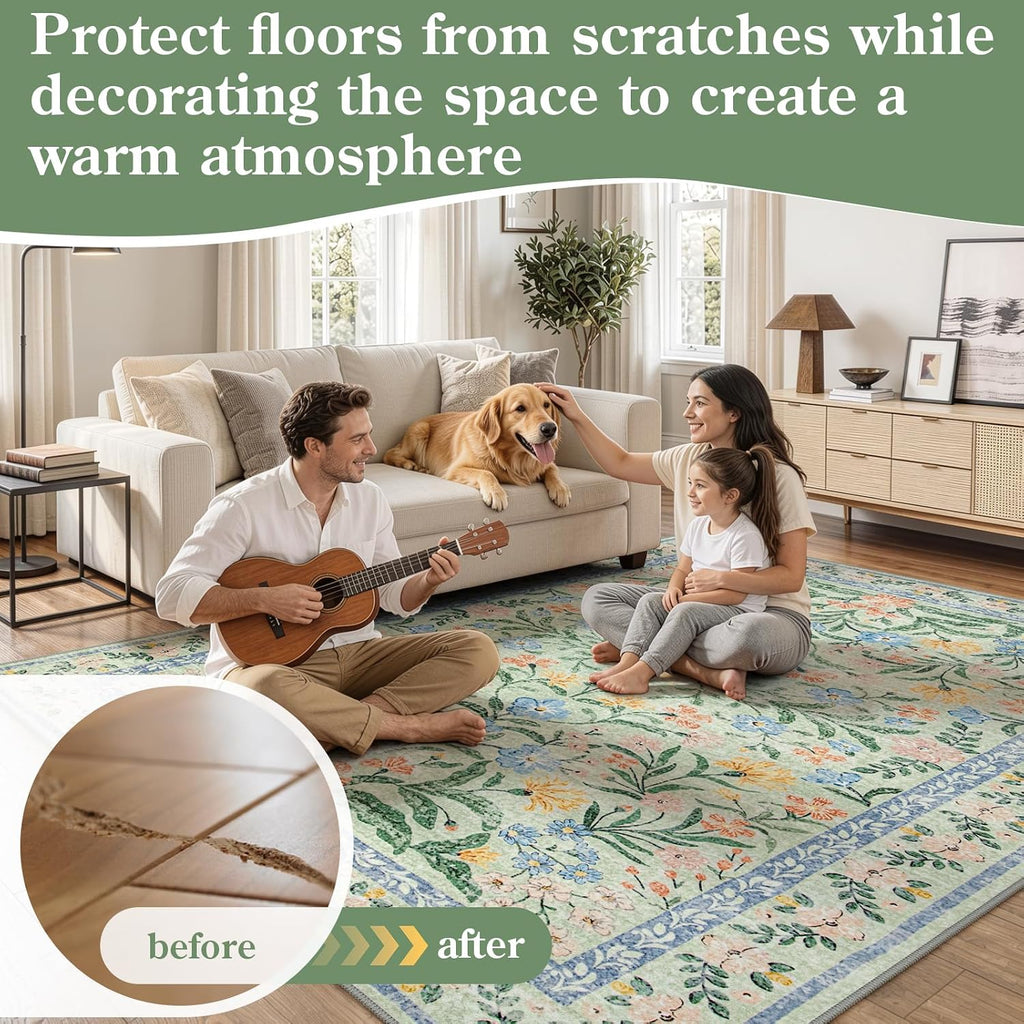 Morebes Washable Area Rugs for Bedroom 9x12, Boho Floral Rugs for Living Room Non Slip, Soft Thin Distressed Cottage Core Carpet for Nursery Girls Room Dinning Room Kids Playroom