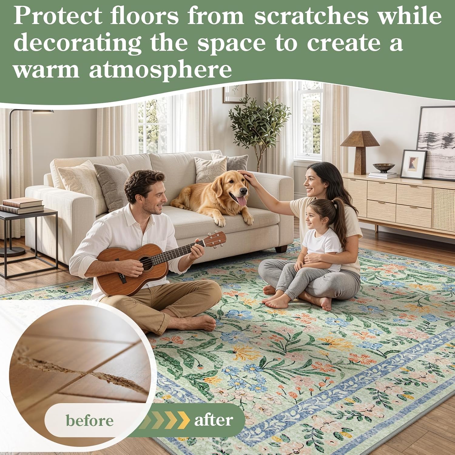 Morebes Washable Area Rugs for Bedroom 9x12, Boho Floral Rugs for Living Room Non Slip, Soft Thin Distressed Cottage Core Carpet for Nursery Girls Room Dinning Room Kids Playroom