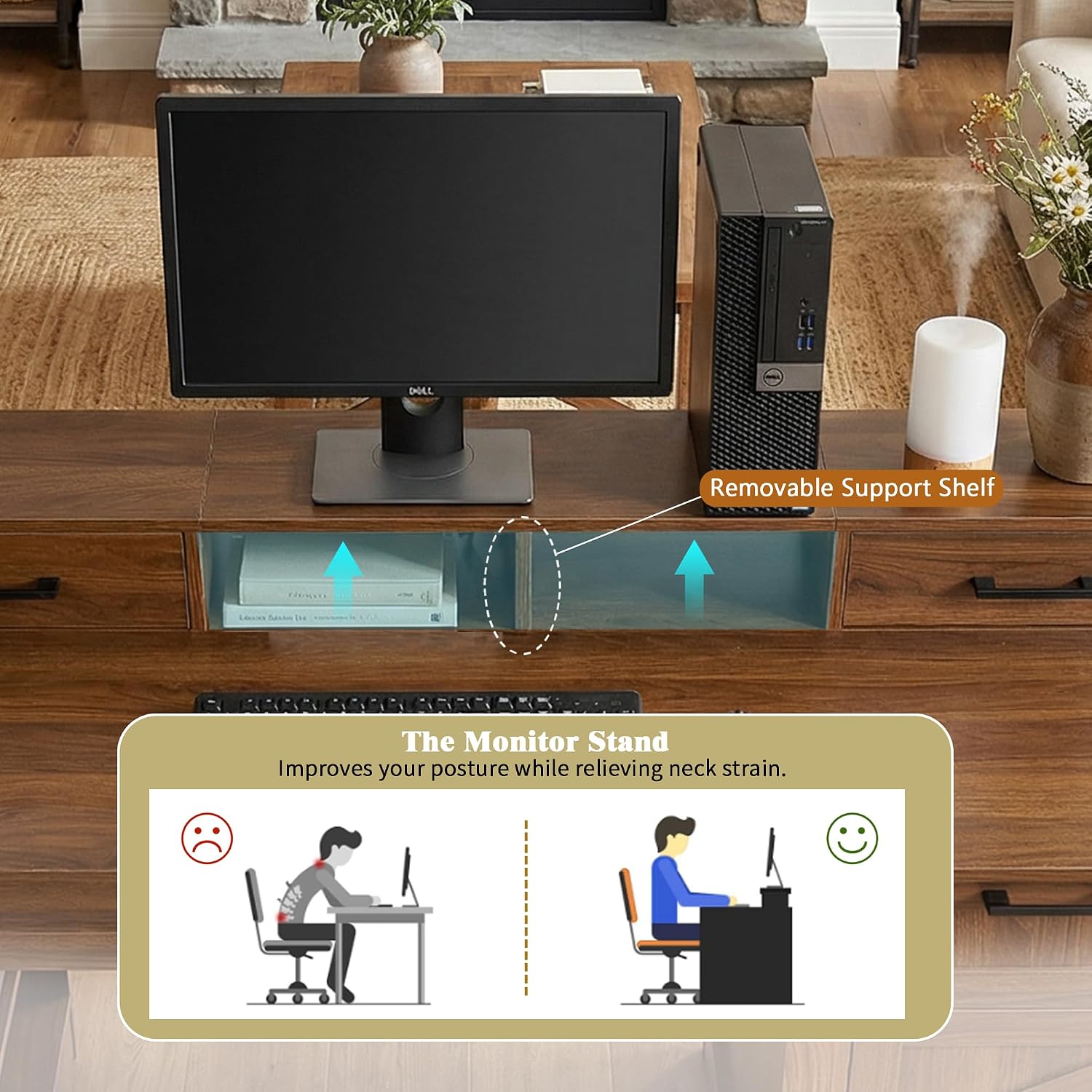 55' Farmhouse Computer Desk with Power Outlets, Removable Monitor Stand with Drawers, Convertible Keyboard Tray & Storage Cabinet, Home Office Writing Desk with Pegboard Organizer