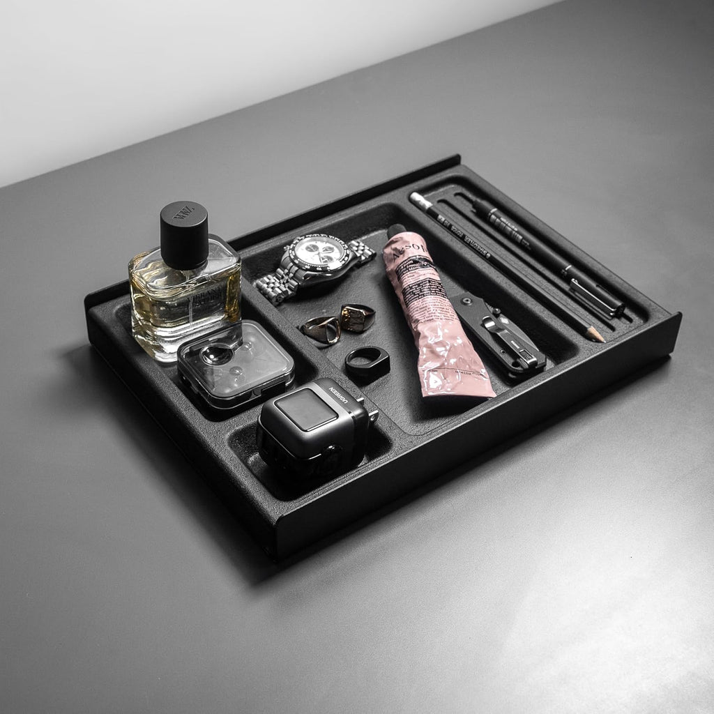 Raico Desk Shelf Tray Drawer Organizer with Compartments for Monitor Stand System Metal & Cork Accessory Tray for Cockpit Setup | Black