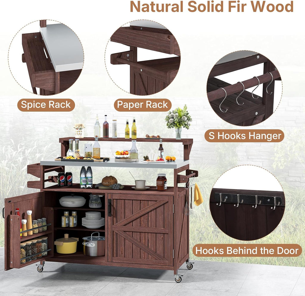Zevemomo Outdoor Grill Cart with Raised Shelf, Stainless Steel Tabletop Outdoor Kitchen Island, Outdoor Buffet Cabinet with Lockable Wheels, Internal Storage Rack, Spice Rack for Grilling, Brown