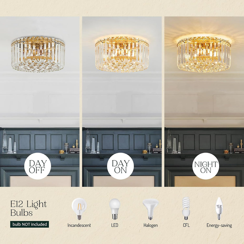 12.6' Gold K9 Crystal Raindrop Flush Mount Ceiling Light, Modern Chandelier, Round Luxury Light Fixture for Dining Room, Bedroom, Hallway, Kitchen Island & Living Room