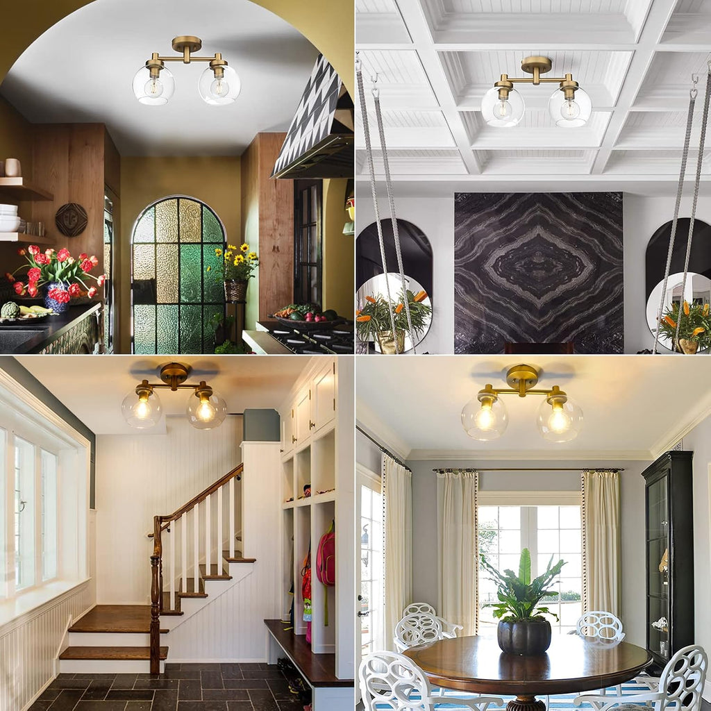 Pathson Glass Ceiling Light Fixtures, 2 Lights Globe Round Ceiling Lighting Lamp, Semi-Flush Mounted Ceiling Lights for Living Room Bathroom Hallway Loft Kitchen