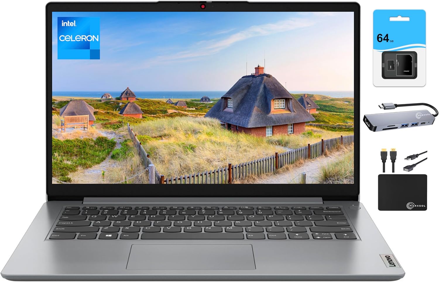 Lenovo Ideapad Laptop (2024) Business Student, 14' HD Screen, Intel Celeron N4020 Processor, 4GB RAM, 192GB (128GB eMMC+64GB SD), WiFi 6, Bluetooth,Webcam, Long Hour Battery, Win 11S+MarxsolAccessory