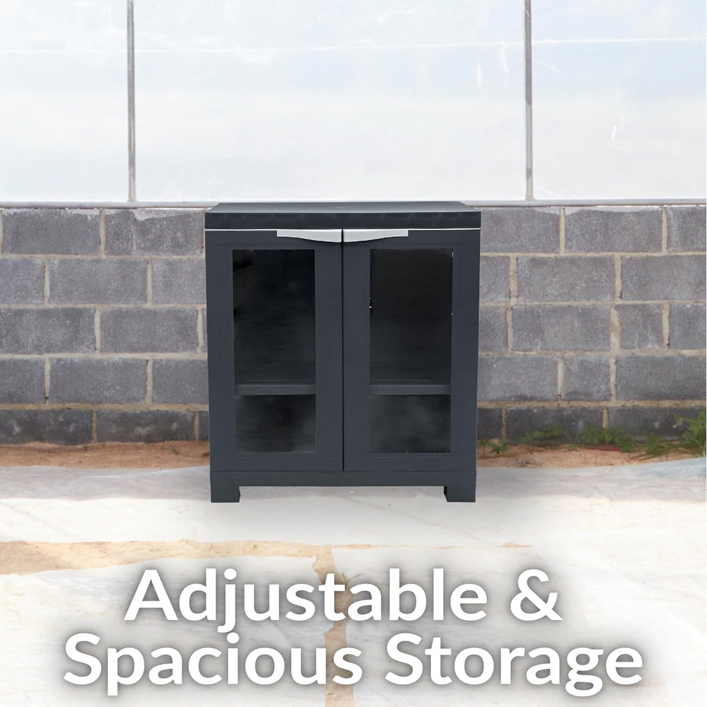 Sunnydaze 25.5' H Resin Garage Storage Cabinet - Garage Cabinet with 2 Acrylic Glass Doors - Freestanding Utility Storage for Laundry Room, Office, Basement - Charcoal