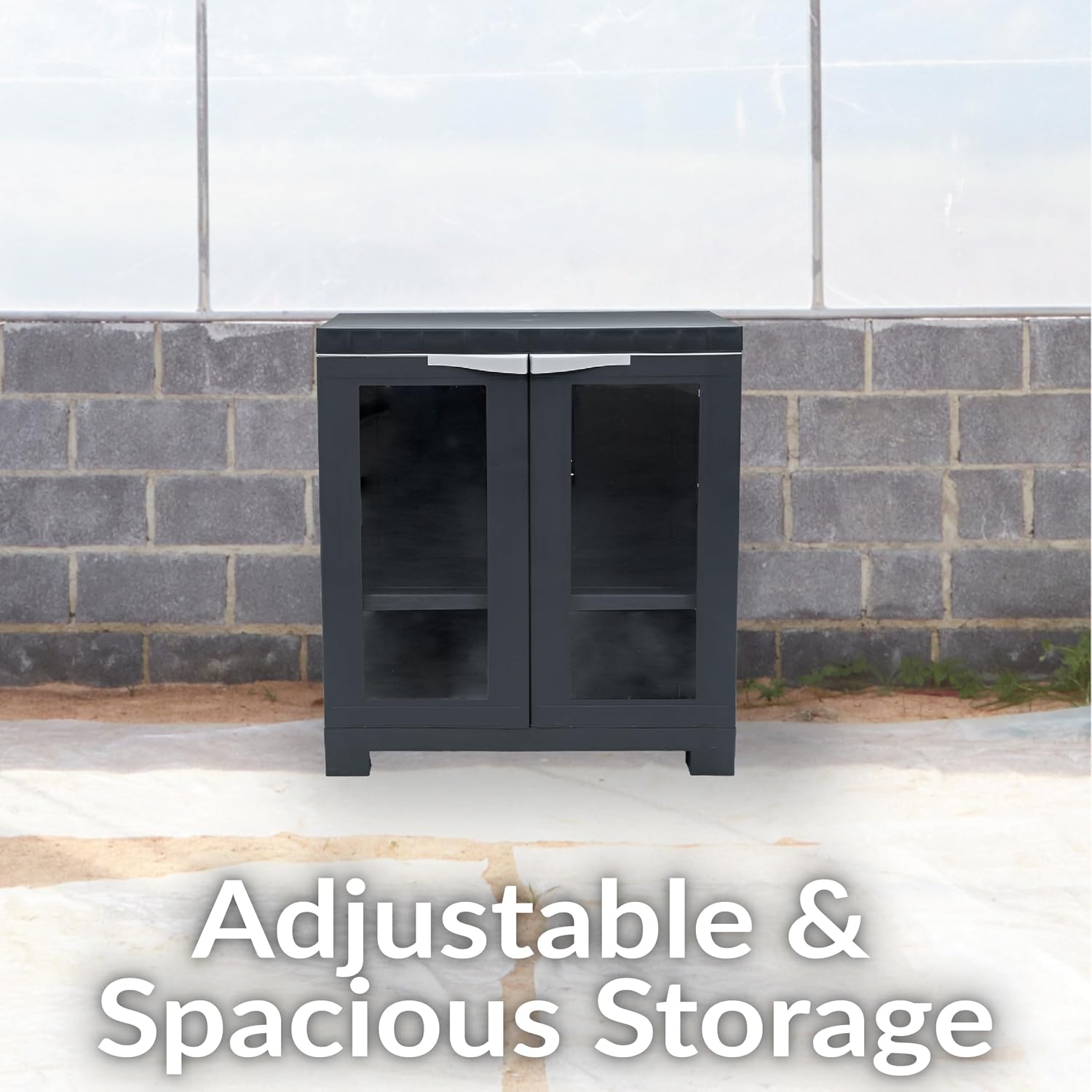 Sunnydaze 25.5' H Resin Garage Storage Cabinet - Garage Cabinet with 2 Acrylic Glass Doors - Freestanding Utility Storage for Laundry Room, Office, Basement - Charcoal