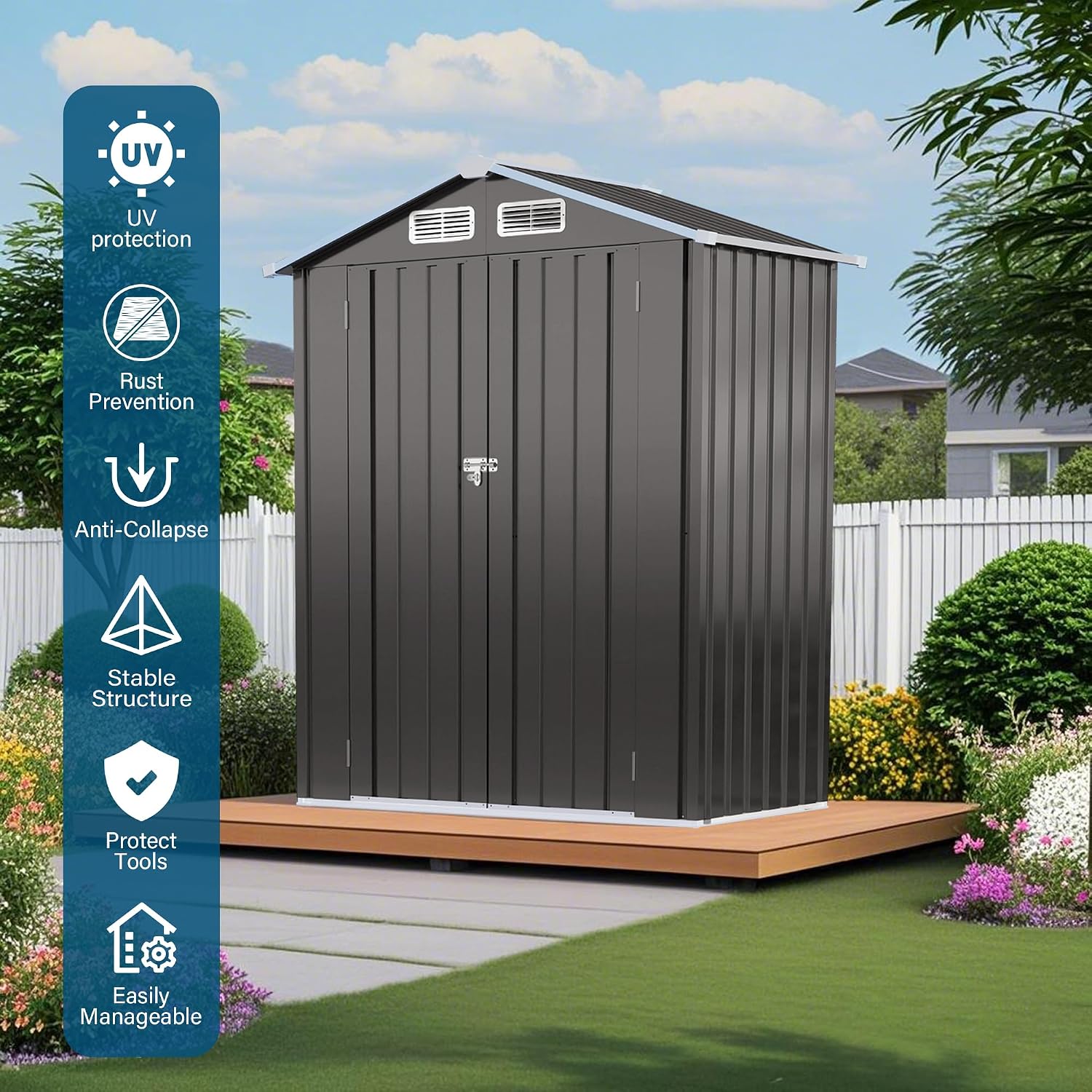 CHUNLY 5X3 FT Metal Outdoor Storage Shed, All Weather Tool Shed Storage Room with Peaked Roof Waterproof, Lockable Door for Garden Patio Backyard Lawn, Gary