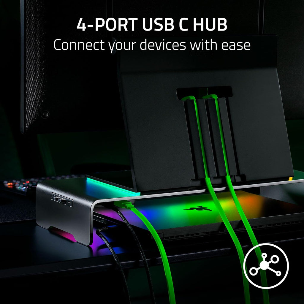Razer Monitor Stand Chroma - Aluminium monitor stand with 4-way USB-C hub with Chroma RGB (50cm x 21cm x 7.85cm, robust construction, 20 kg load capacity, ergonomic height) Black