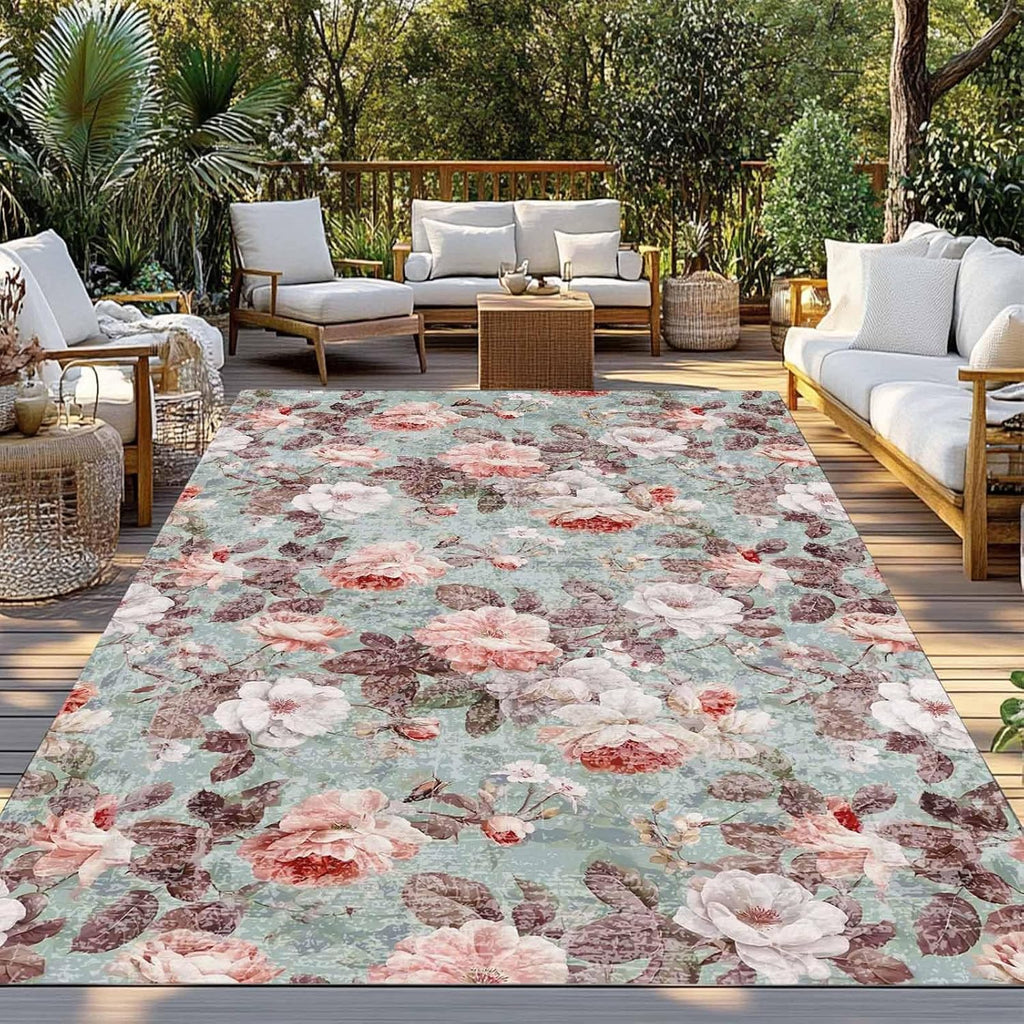 Pink Green Spring Floral Outdoor Rug for Patio/Deck/Porch, Non-Slip Large Area Rug 5 x 8 Ft, Vintage Botanical Summer Indoor Outdoor Rugs Washable Area Rugs, Reversible Camping Rug Carpet Runner