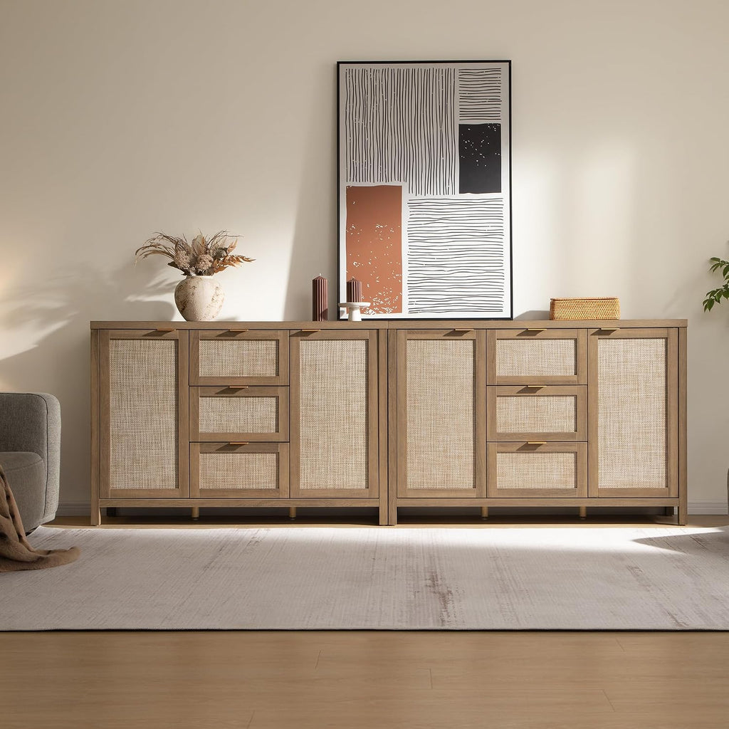 SICOTAS Rattan Large Sideboard Buffet Cabinet with Storage - Farmhouse Boho Coffee Bar Storage Cabinet with 3 Drawers and 2 Doors, Tall Credenza for Living Room, Kitchen, Caramel Oak (2 Pieces)