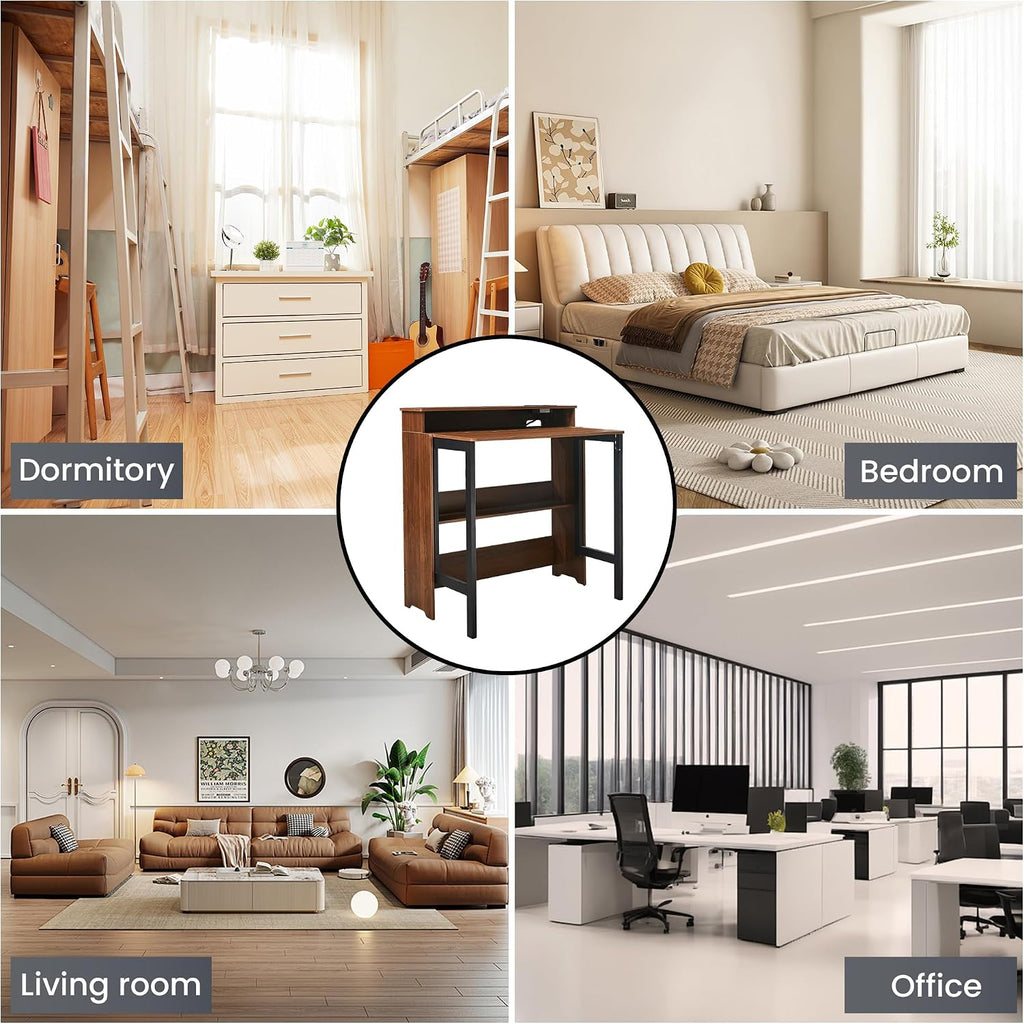 Fold Out Desk with Charging Station, Folding Desk with Monitor Stand,Storage Shelf,Small Foldable Desk for Compact Home Office Spaces