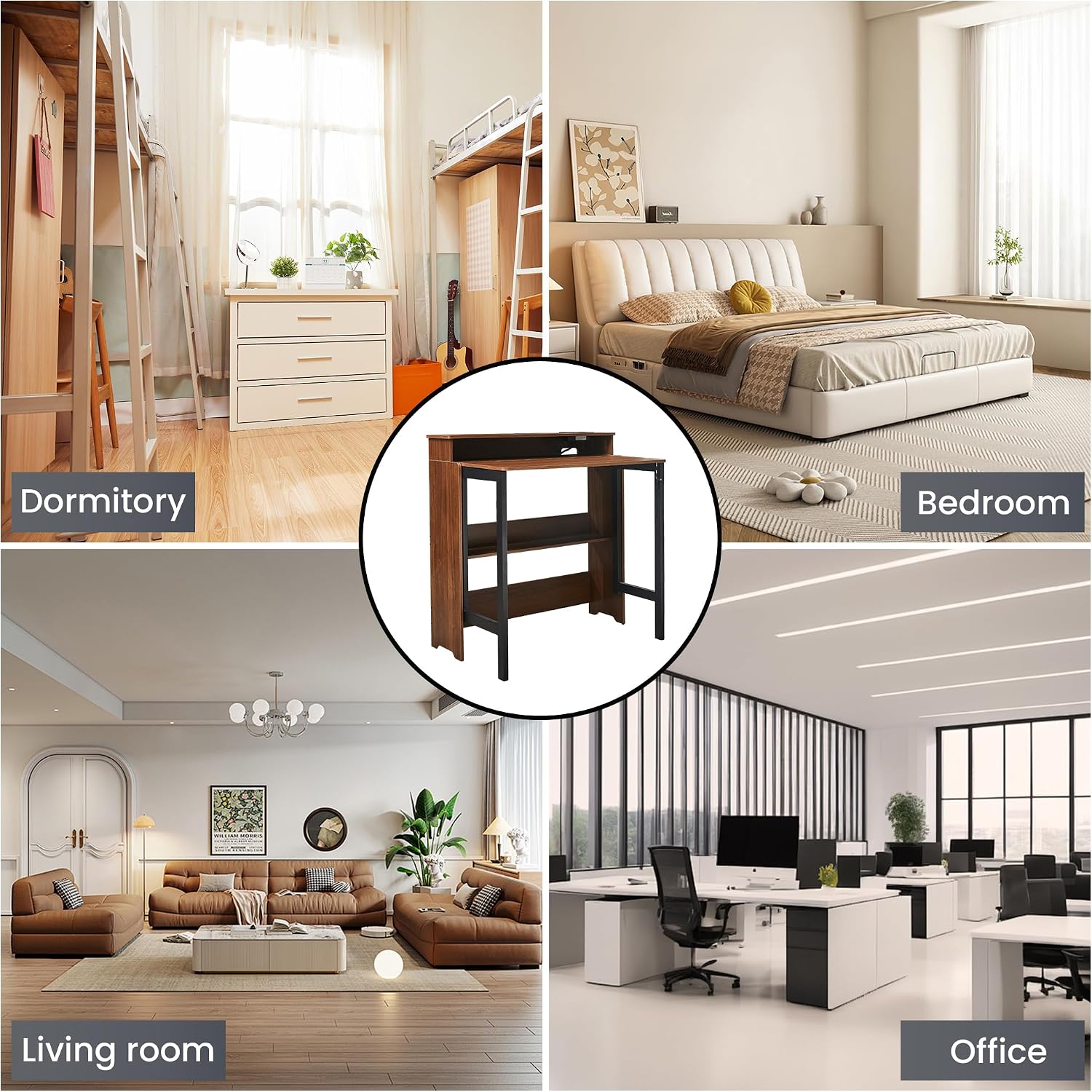 Fold Out Desk with Charging Station, Folding Desk with Monitor Stand,Storage Shelf,Small Foldable Desk for Compact Home Office Spaces
