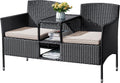 Flamaker Outdoor Furniture Patio Loveseat Wicker 2-Seat with Built-in Table and Cushions Rattan Porch Chairs Bench for Balcony, Lawn, Backyard (Beige)