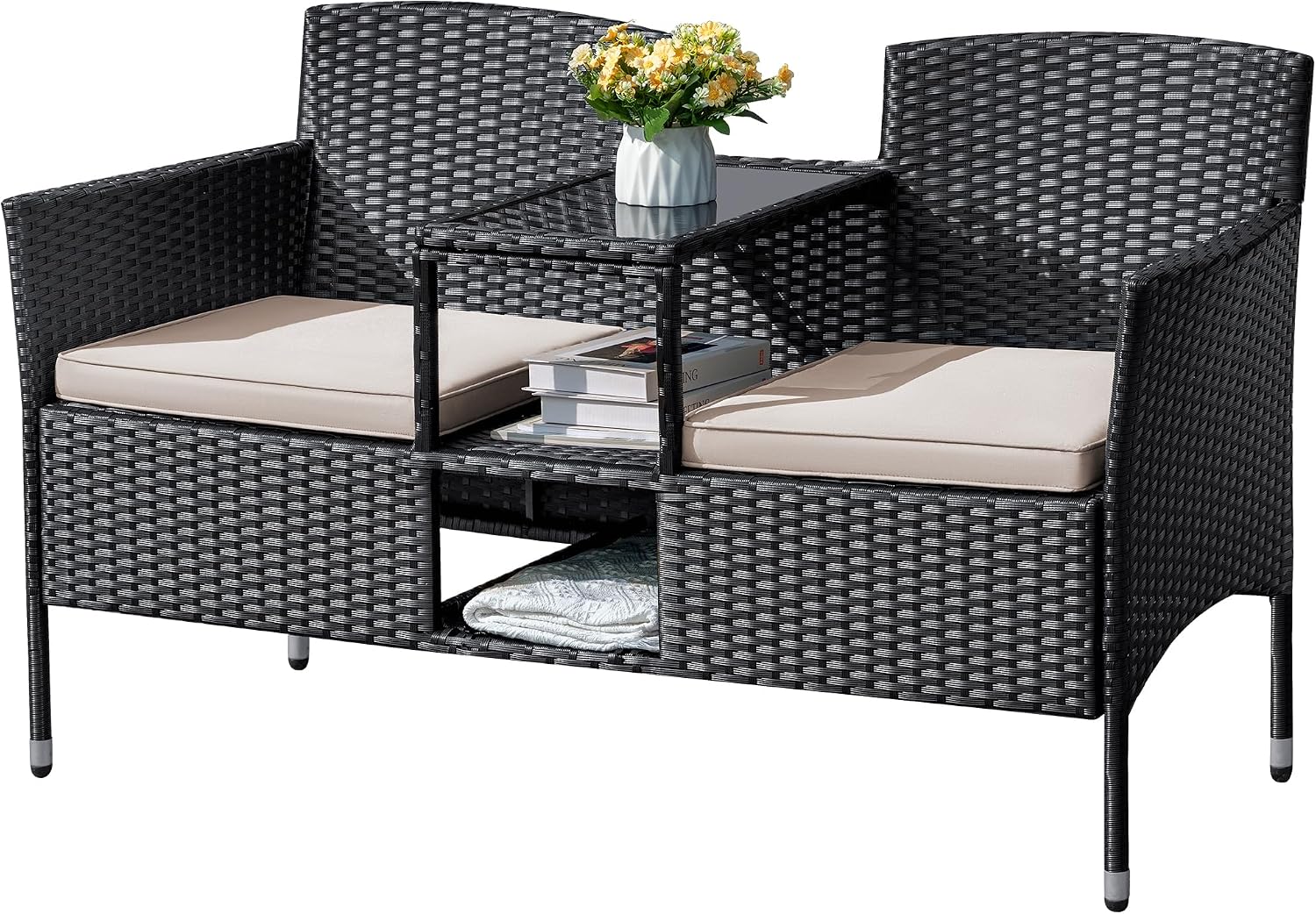 Flamaker Outdoor Furniture Patio Loveseat Wicker 2-Seat with Built-in Table and Cushions Rattan Porch Chairs Bench for Balcony, Lawn, Backyard (Beige)