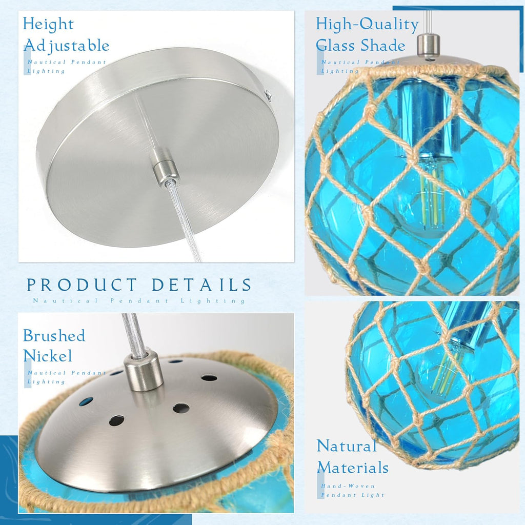 3 Pack 6' Blue Coastal Pendant Light Kitchen Island,Glass Globe Ocean Ceiling Light Fixture Beach House,Dimmable Hemp Rope Light Fixture Hanging For Bathroom Living Room Farmhouse Bedroom(Bulb Incl.