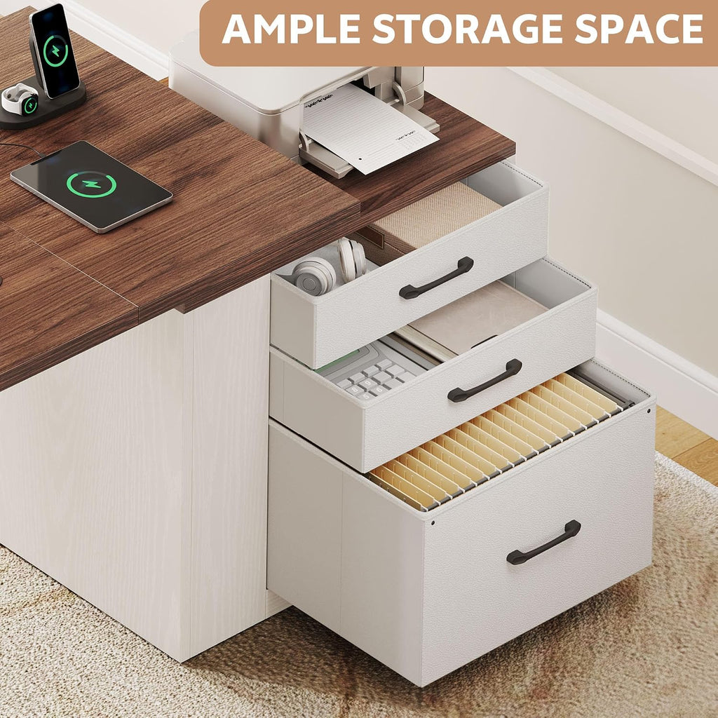 75.5 Inches Electric Standing Desk with Drawers Farmhouse Sit Stand Desk with Storage Adjustable Height Computer Desk with Power Outlets Printer Space for Home Office White and Walnut