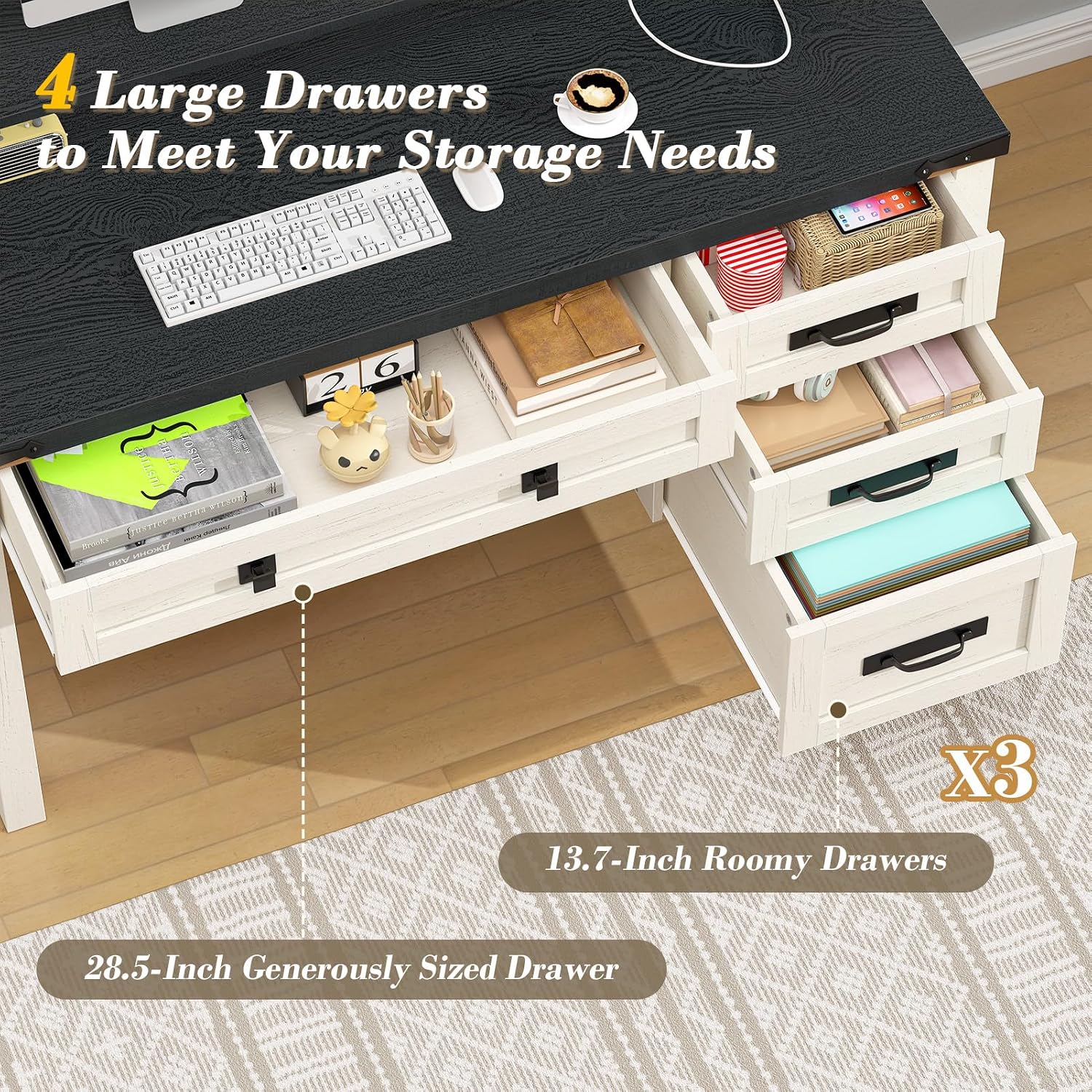 YOMILUVE Farmhouse Computer Desk with Drawers, 47' Small Computer Desk with Power Outlets, Home Office Desk with Monitor Stand & 4 Drawers, Writing Study Table, Black & White