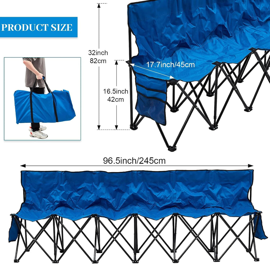 Kigley 6 Seats Folding Soccer Bench Chair Portable Team Sports Sideline Bench for Football Camp Travel Events Outdoor Seating with Storage Bag(Blue)