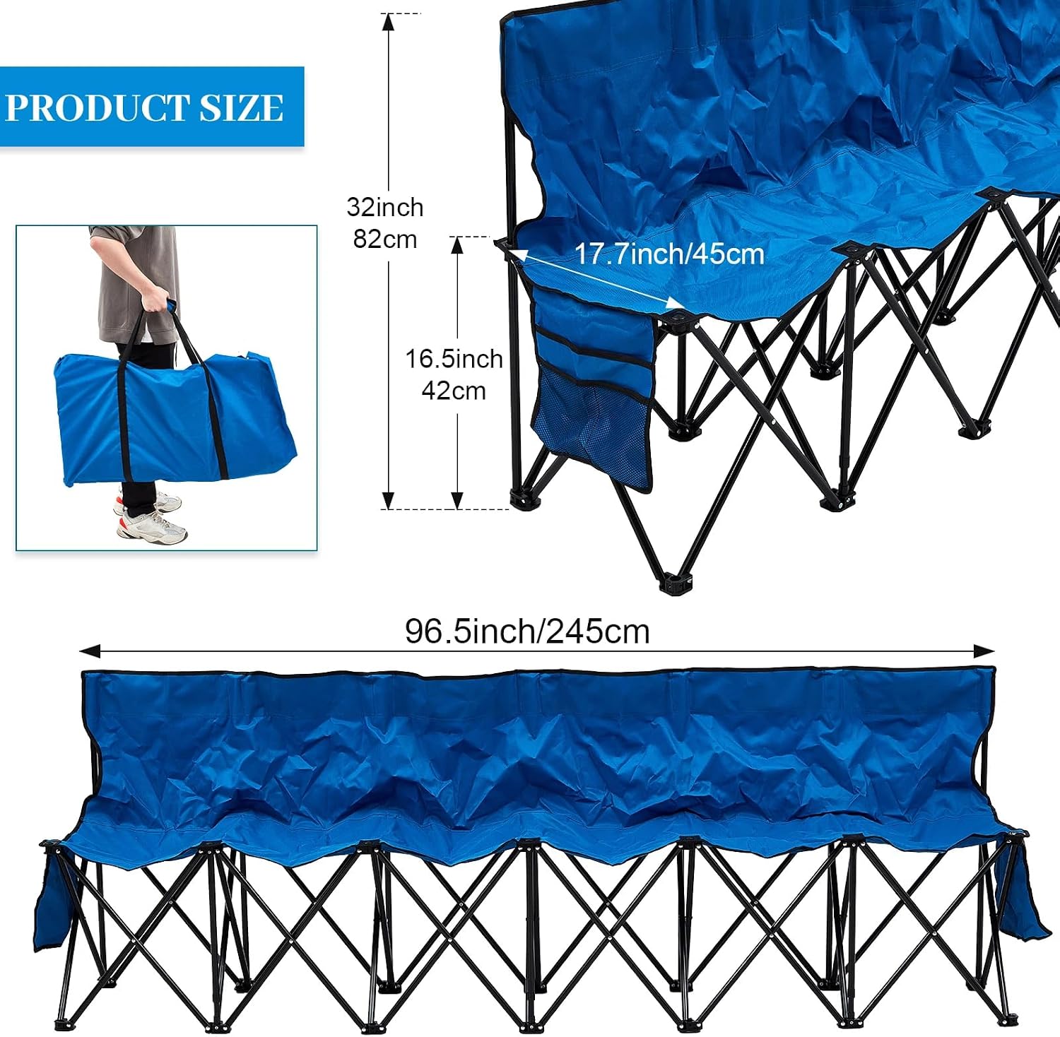 Kigley 6 Seats Folding Soccer Bench Chair Portable Team Sports Sideline Bench for Football Camp Travel Events Outdoor Seating with Storage Bag(Blue)