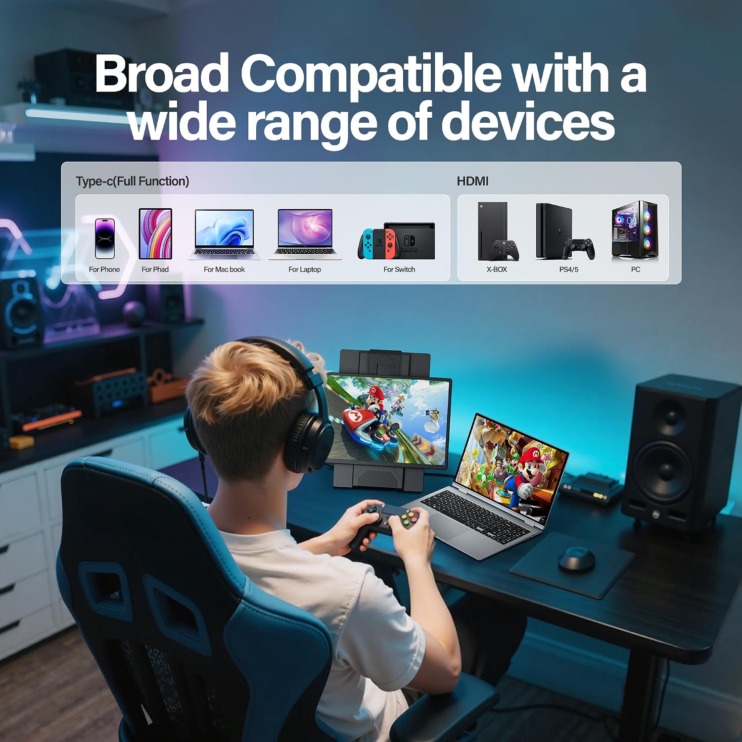 Laptop Screen Extender 16.1', 1920 * 1200 Portable Monitor with Detachable Frameless Display- 360° Rotatable Magnetic Stand, Dual Screen Plug & Play, Extra Monitor for Windows/Mac/Linux/Android