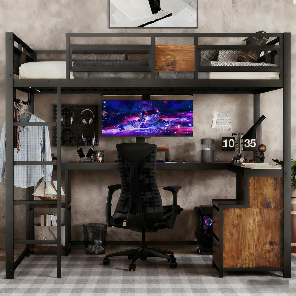 Bellemave Queen Size Loft Bed with Desk & 2 Fabric Drawers, Metal Queen Loft Bed Frame with Shelves, Computer Monitor Stand & Hanger Rod for Teens, Noise-Reduced Design, Black