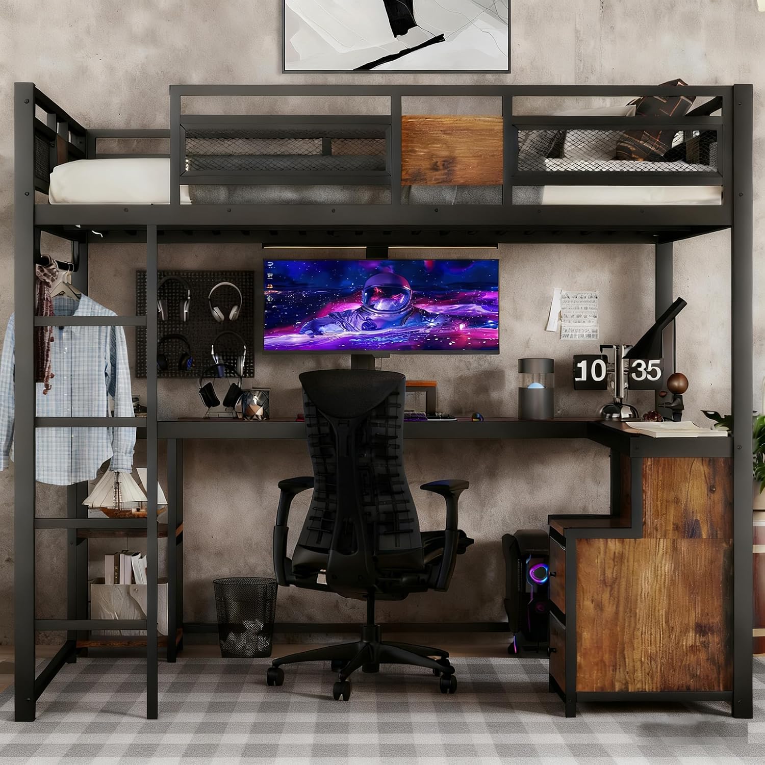 Bellemave Queen Size Loft Bed with Desk & 2 Fabric Drawers, Metal Queen Loft Bed Frame with Shelves, Computer Monitor Stand & Hanger Rod for Teens, Noise-Reduced Design, Black