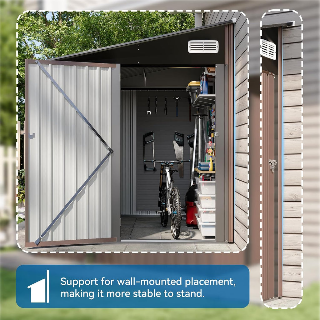 8'x6' Lean to Shed Large Storage Room Galvanized Steel Storage Sheds with Side Door Waterproof Utility Shed with Sloped Roof for Mower, Bike, Garden Tools (Brown)