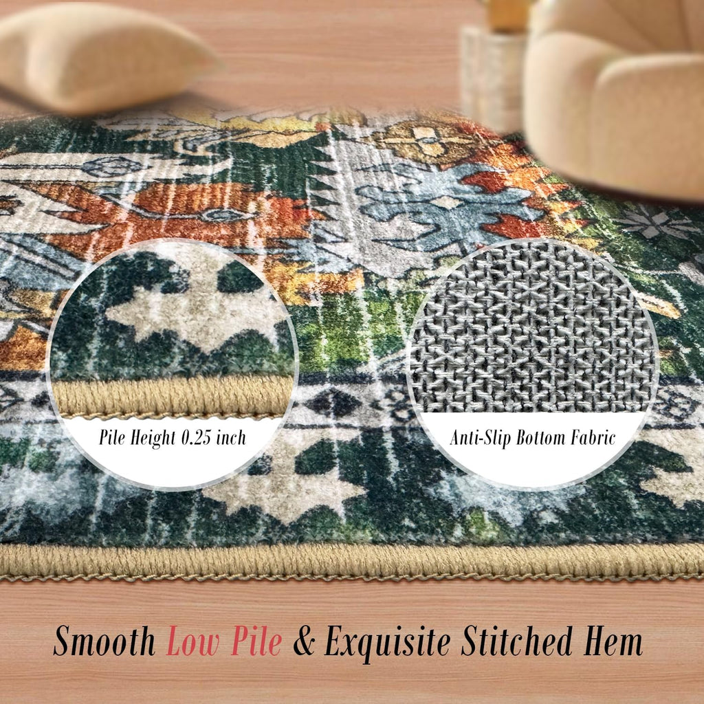 RUGSURE Washable Area Rugs - Perfect for Living Room, Bedroom, Kids Room, Nursery - Stain & Water Resistant Non-Slip, Pet & Child Friendly, Vintage Tribal Area Rugs (Green, 9' x 12')