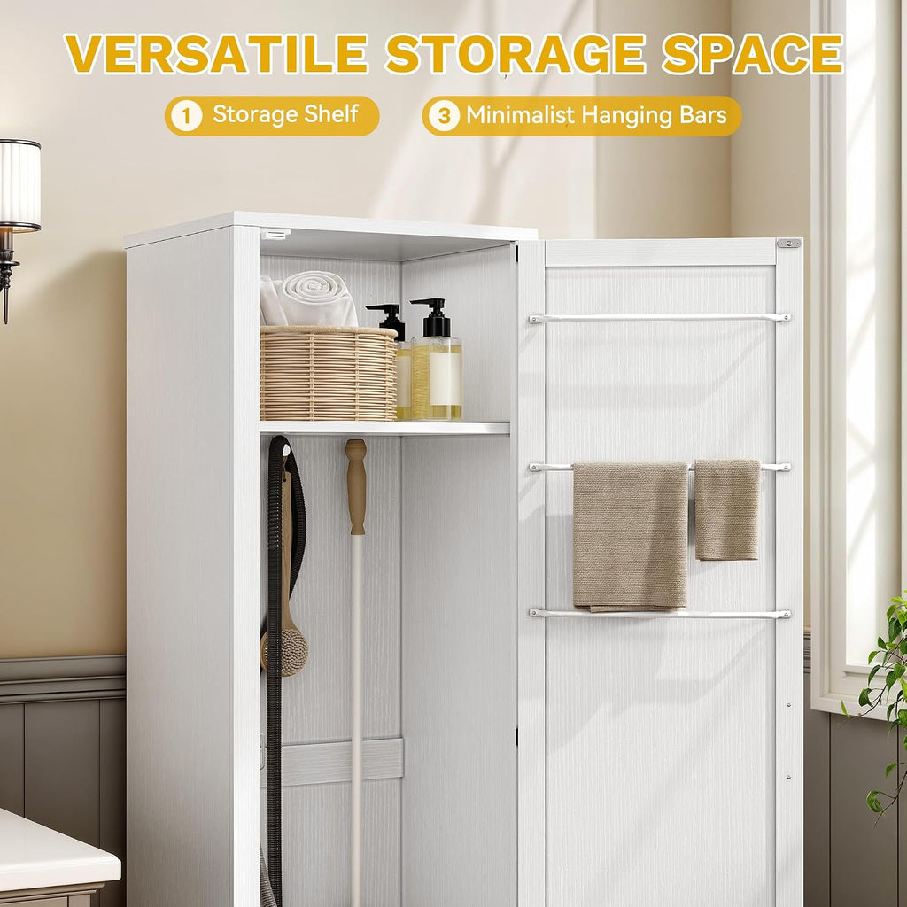DWVO Broom Closet Storage Cabinet, Wooden Organizer for Mops, Brooms, and Bucket Vacuum Cleaners with Upper Shelf and Towel Hanging Options