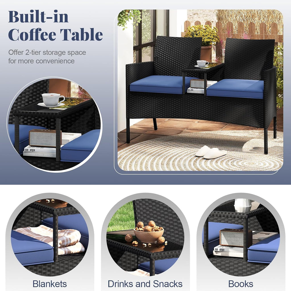 Tangkula Patio Loveseat with Built-in Table, Wicker 2-Seat Furniture with Soft Cushions & Tempered Glass Tabletop, Metal Frame Outdoor Conversation Seating Bench for Backyard, Porch