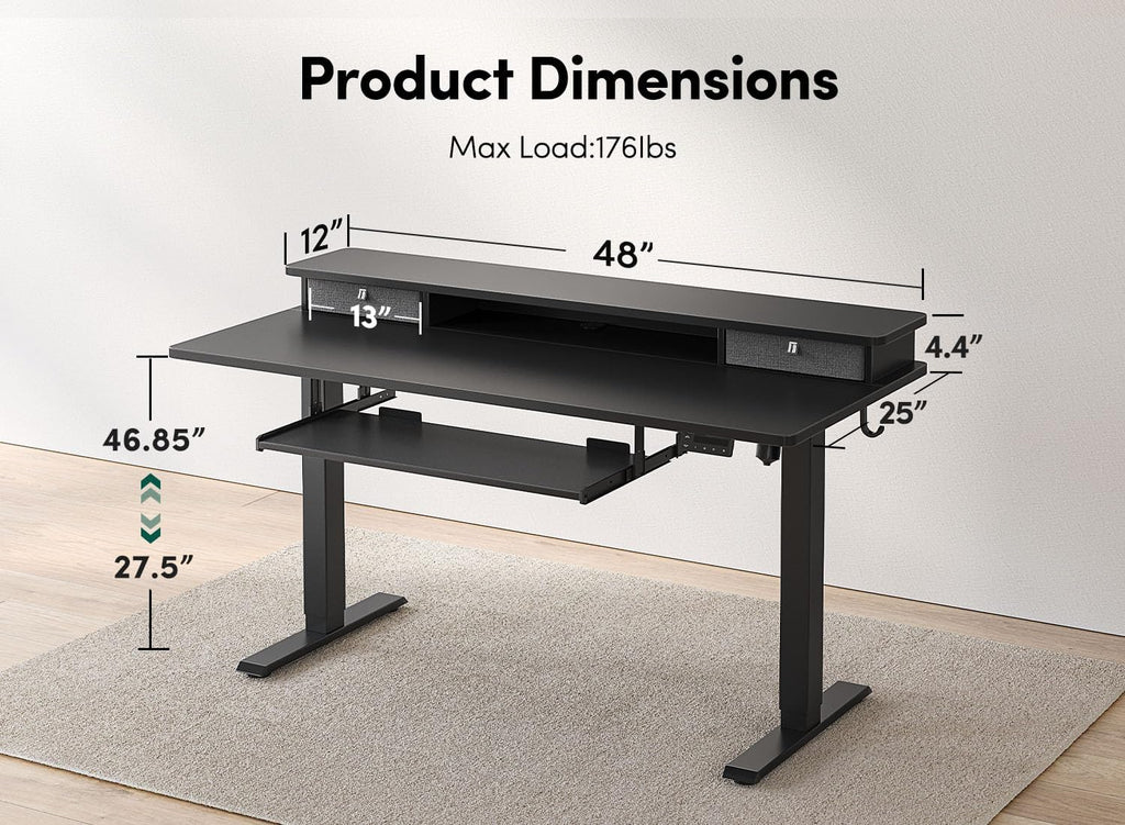 FEZIBO Standing Desk with Drawers and Keyboard Tray, 48'×24' Electric Height Adjustable Table with Monitor Shelf, Computer Home Office Sit and Stand up Workstation, Black