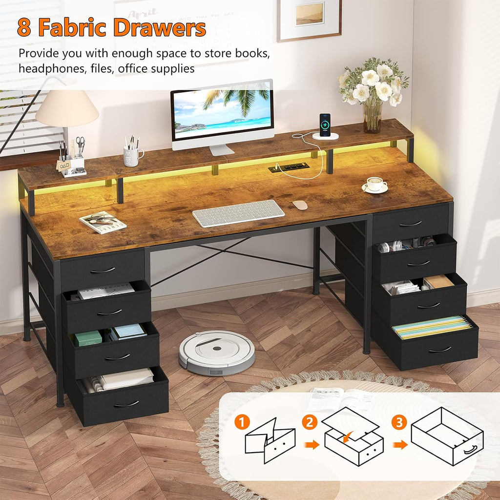 YOMILUVE 60 Inch Computer Desk with 8 Fabric Drawers, Gaming Desk with LED Lights & Power Outlets, Home Office Desk with Monitor Stand, Rustic Brown