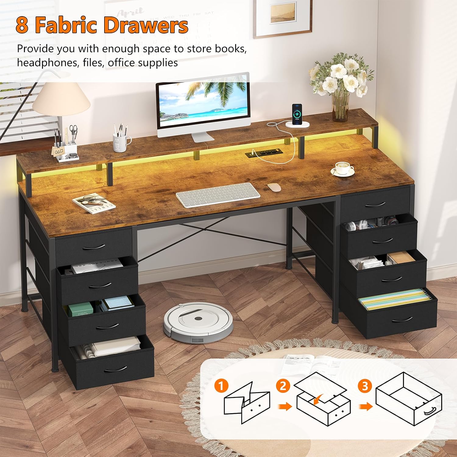 YOMILUVE 60 Inch Computer Desk with 8 Fabric Drawers, Gaming Desk with LED Lights & Power Outlets, Home Office Desk with Monitor Stand, Rustic Brown
