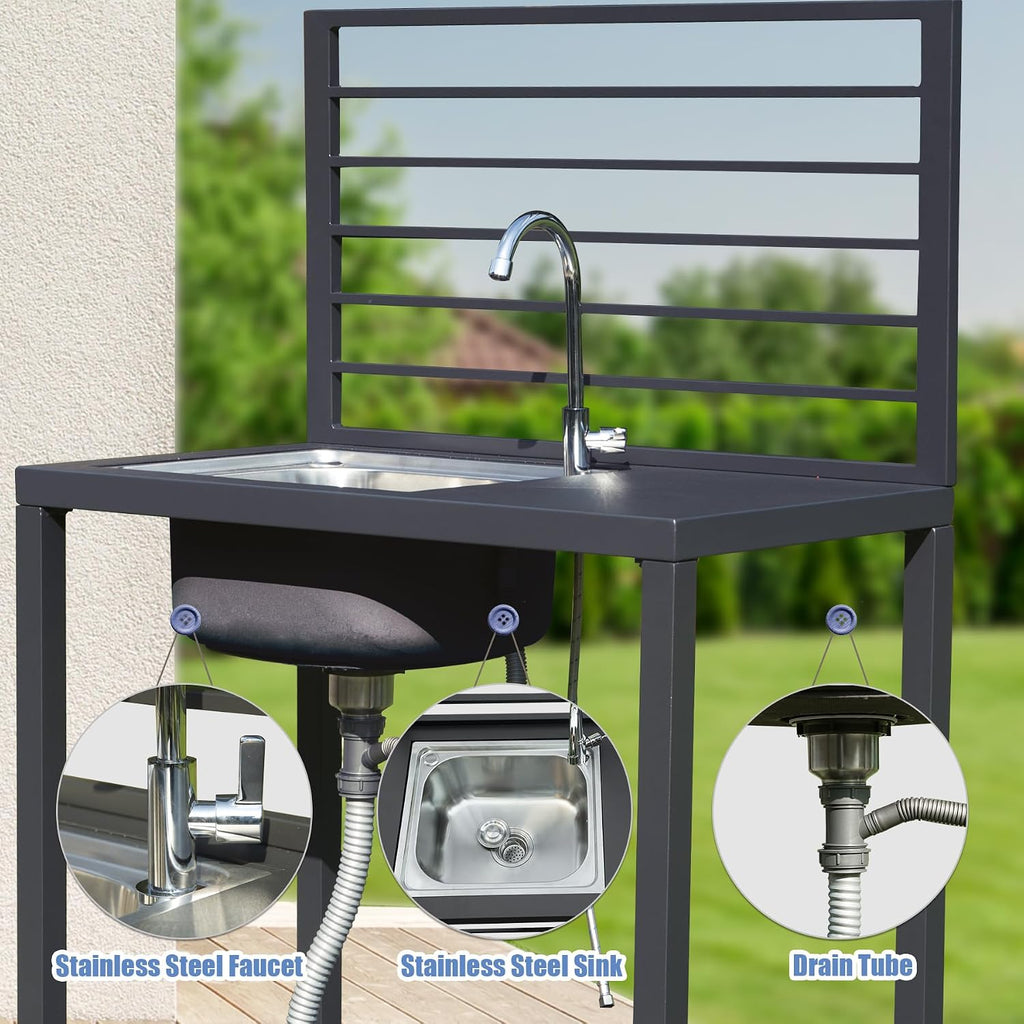 Domi Outdoor Kitchen Island with Storage, Aluminum Kitchen Island Stainless Steel Outdoor Sink w/Faucet & Drainboard, Freestanding Storage Shelves with Protective Cover Indoor Outdoor