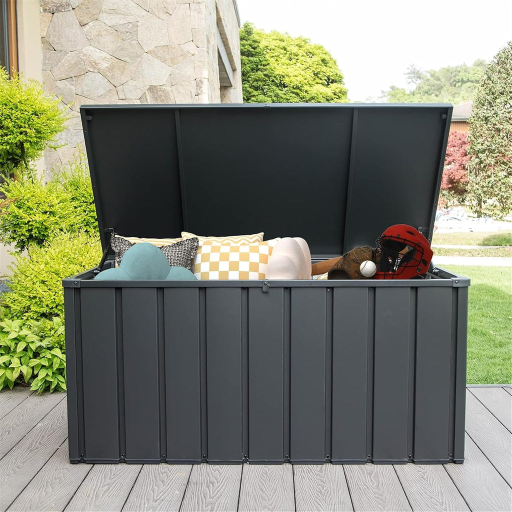 120 Gallon Metal Deck Box, Outdoor Storage Box Waterproof with Wheels, Lockable Storage Container for Patio Furniture Cushions Garden Tools, Dark Gray
