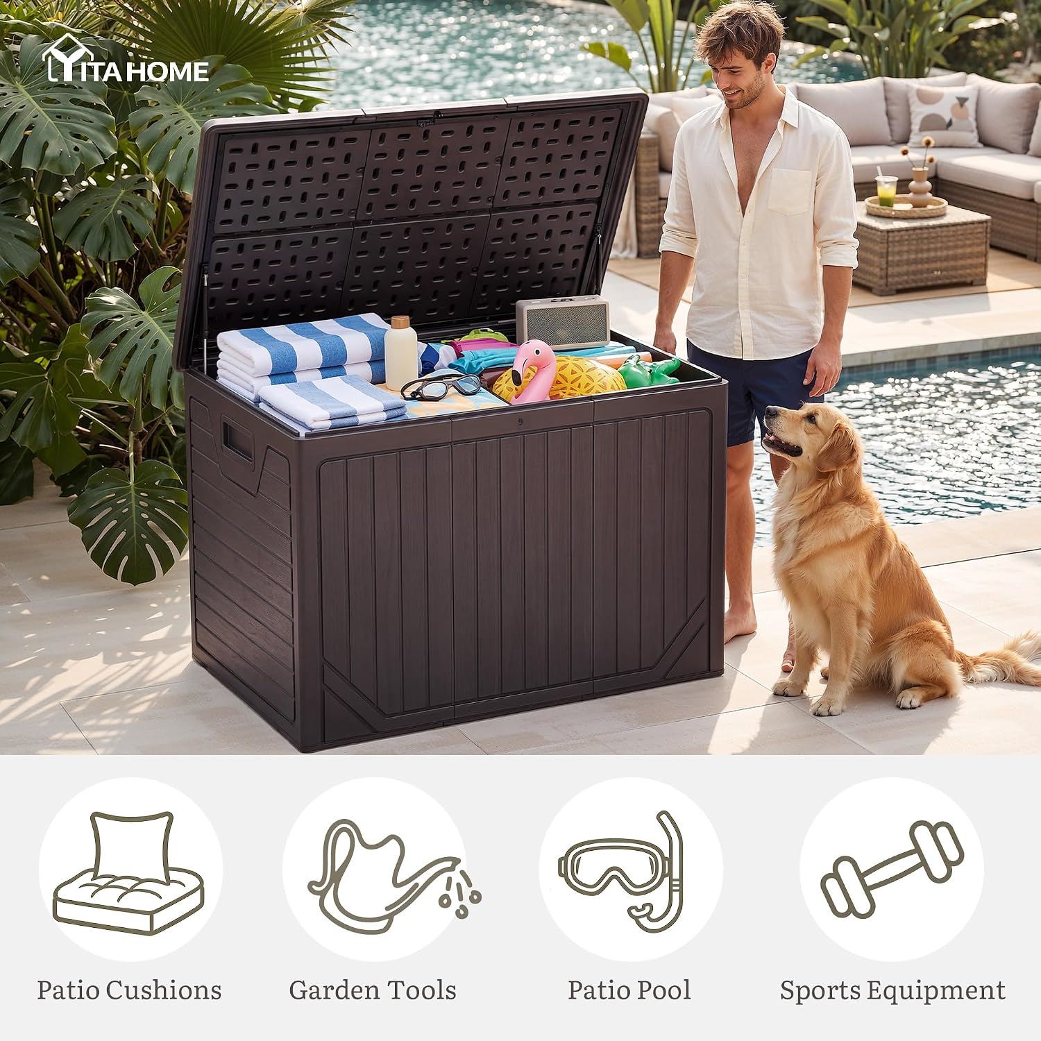 YITAHOME 230 Gallon Extra Large Outdoor Storage Box, Waterproof Double-WallDeck Box with Hydraulic Piston for Garden Tools, Pool Accessories & Cushions, Resin Deck Organizer with Bench Seat(Brown)