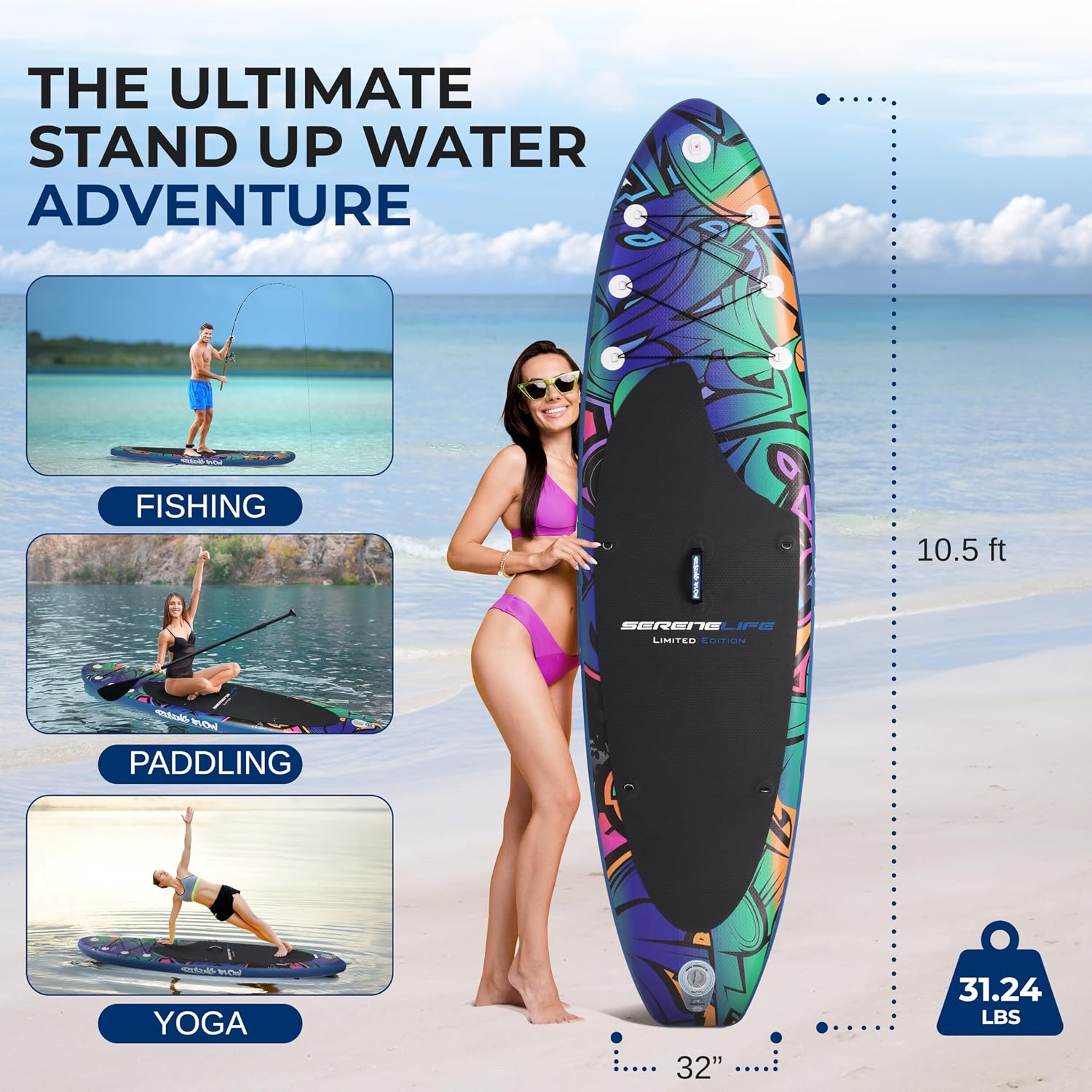 SereneLife Set of 2 Inflatable Stand Up Paddle Boards with Premium Accessories – SUP Pair with 32' Wide Stable Design, Non-Slip EVA Deck Pad for Adults and Youth of All Skill Levels, 350 lbs Capacity