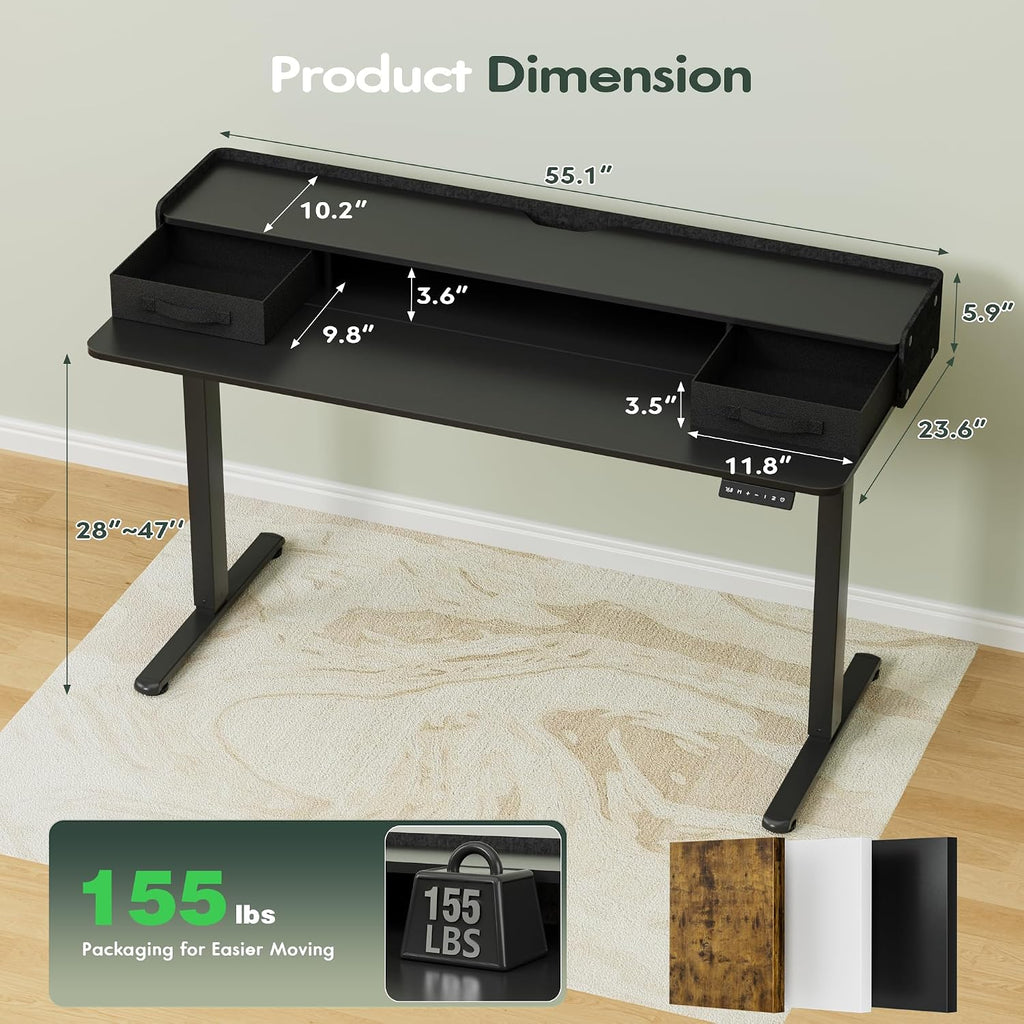 Homall Electric Standing Desk with 2 Drawers, Adjustable Height Computer Desk with Monitor Shelf Sit Stand Table with Splice Board Quick Install for Home Office (Black, 55 Inch)