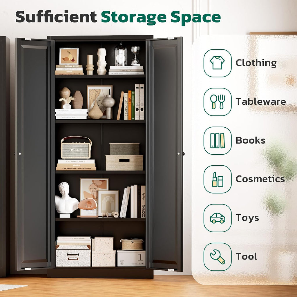 Greenvelly Metal Cabinet, 63' H Black Metal Storage Cabinet with Doors and 4 Shelves, Pantry Storage Cabinet for Kitchen, Bedroom, Living Room, Office (Modern)