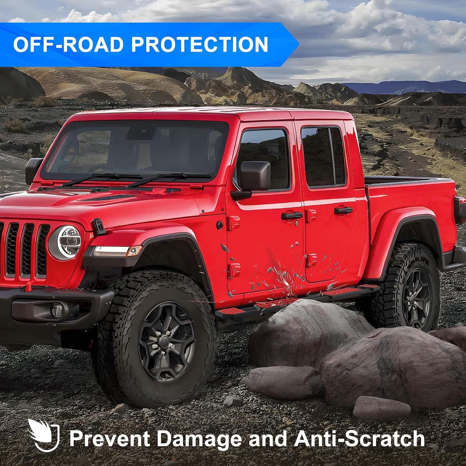 Red Running Boards fit for Jeep Gladiator JT 2020-2026 | side steps fit for JT 4 door 7 inch rock rail steps carbon steel rock sliders