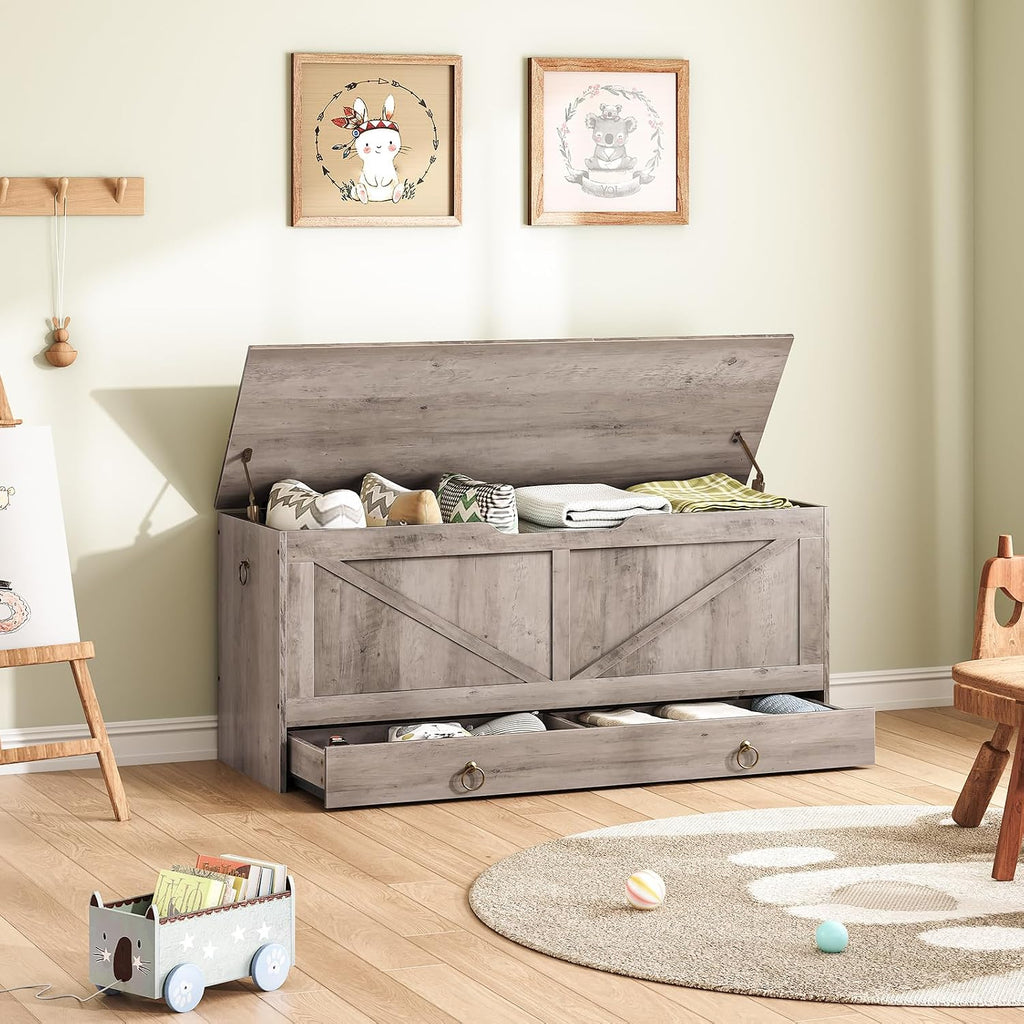 HOOBRO Storage Chest, 43.3' Toy Chest with Drawer, Wooden Storage Bench, Sturdy Entryway Bench Supports 220 lb, Shoe Bench, Safety Hinge, U-Shaped Opening, Easy Assembly, Greige BG711CW01G1