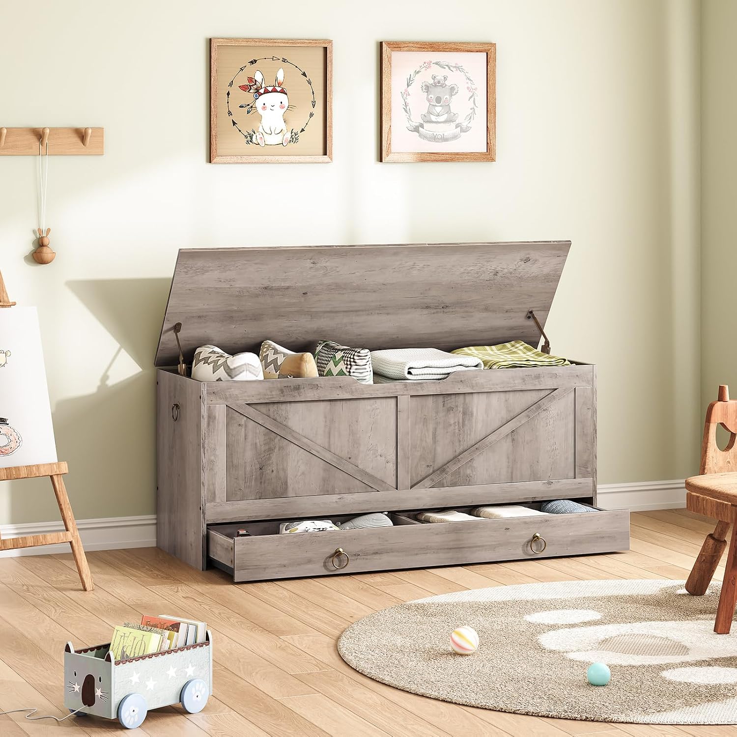 HOOBRO Storage Chest, 43.3' Toy Chest with Drawer, Wooden Storage Bench, Sturdy Entryway Bench Supports 220 lb, Shoe Bench, Safety Hinge, U-Shaped Opening, Easy Assembly, Greige BG711CW01G1