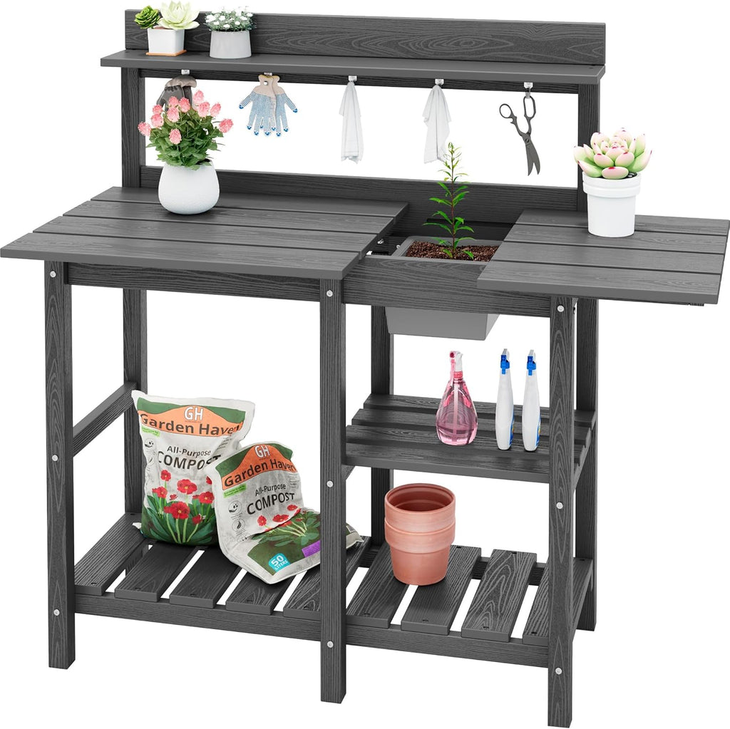 SERWALL Outdoor Potting Bench with Removeable Sink,Rot-Resistant HDPE Potting Table for Outside Gardening, All Weather Use - Gray