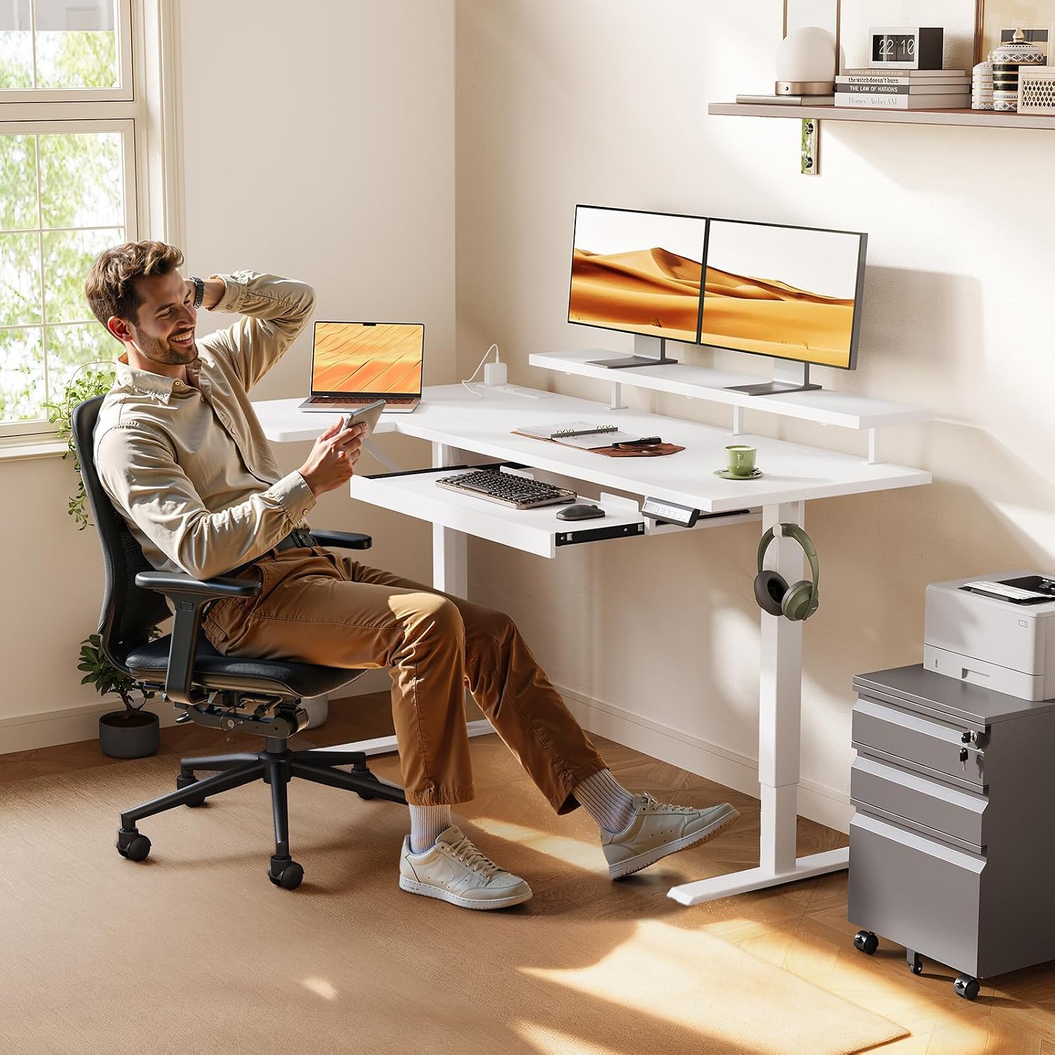 OffiGo 55 Inch Electric L Shaped Standing Desk with Keyboard Tray, Reversible Height Adjustable Corner Computer Desk with Monitor Stand, Sit Stand Up Lift Table for Home, Office, White
