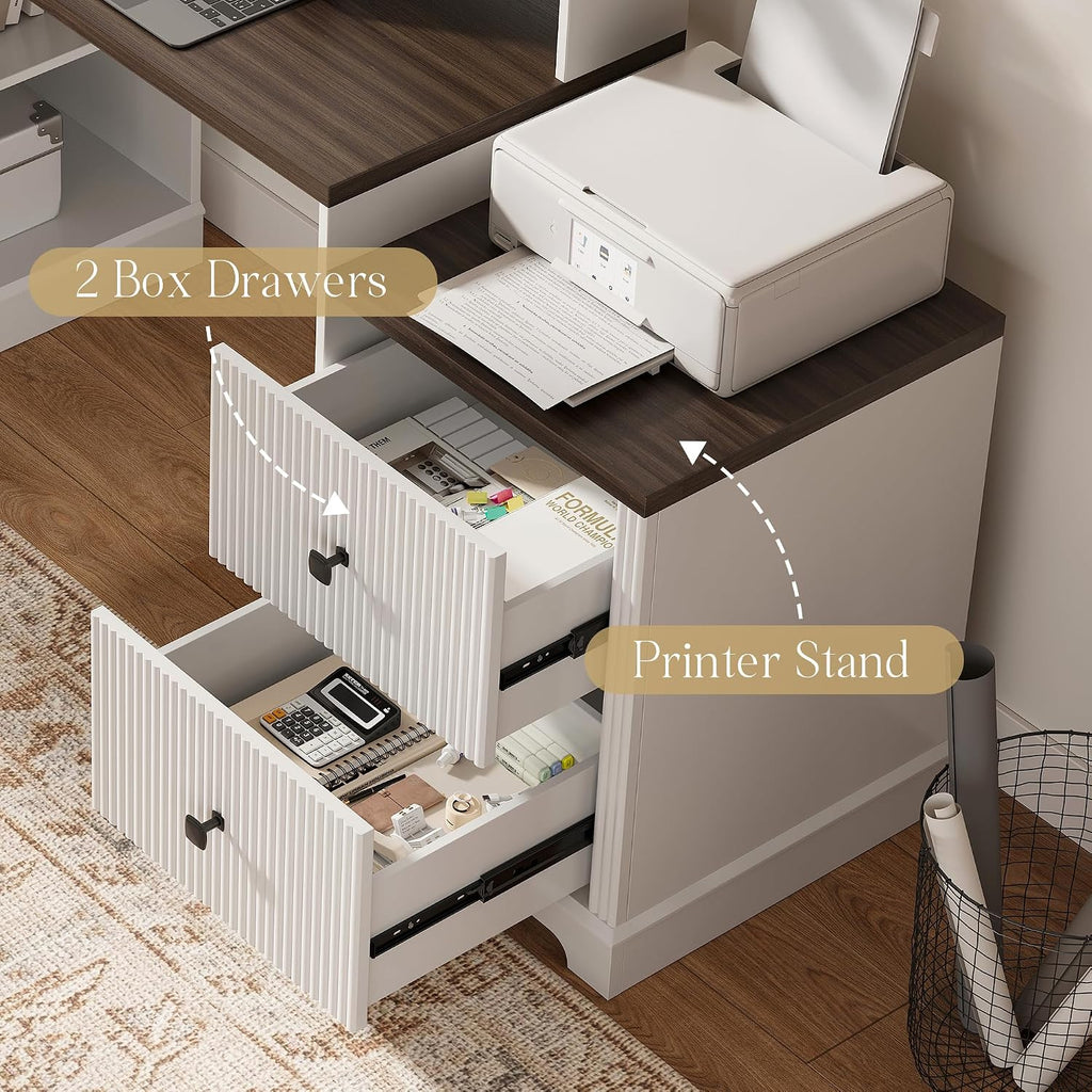 67' L Shaped Executive Desk with Drawers & Storage Shelf, Corner Computer Desk with Power Outlets, Home Office Desk with Monitor Stand, Printer Shelf, Computer Writing Desk for Work, Antique White