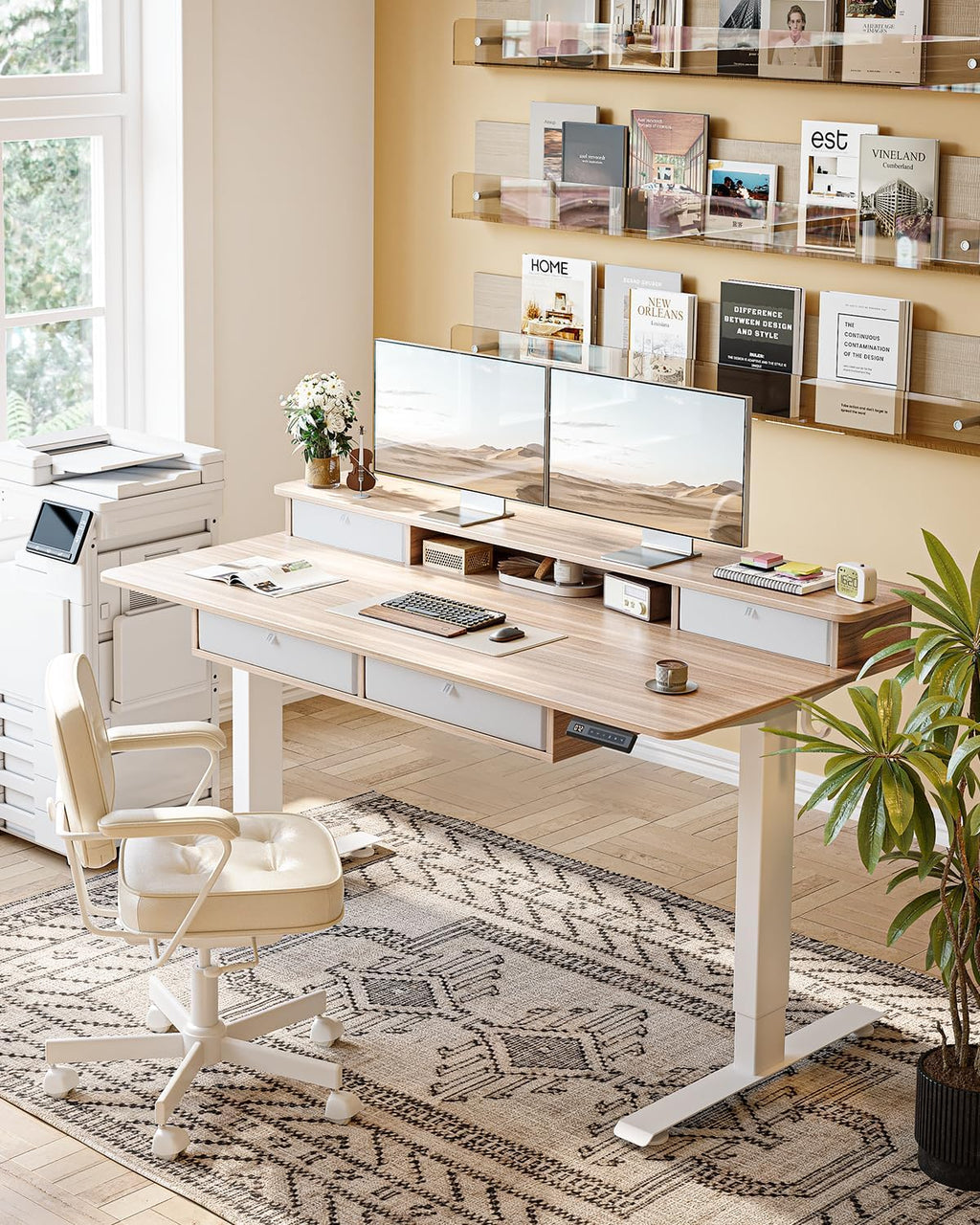 FEZIBO 60 x 30 inch Standing Desk with Drawers, Height Adjustable Electric Workstation, Computer Sit Stand Up Table with Large Storage Shelf 4 Drawers and 2 Hooks, Light Rustic Brown